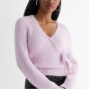 EXPRESS Fuzzy Ribbed Surplice Tie Sweater in Light Pink